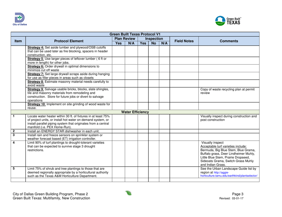 Green Built Texas Project Summary and Checklist - Multifamily - New Construction - City of Dallas, Texas, Page 3