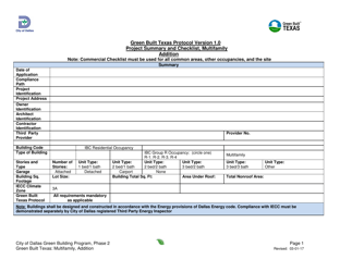 Document preview: Green Built Texas Project Summary and Checklist - Multifamily - Addition - City of Dallas, Texas
