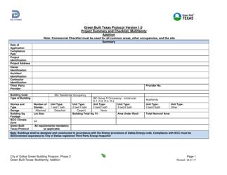 Green Built Texas Project Summary and Checklist - Multifamily - Addition - City of Dallas, Texas