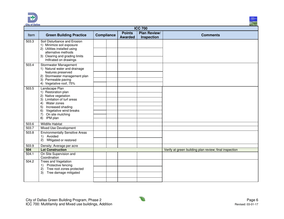 Icc 700 Project Summary and Checklist - Multifamily and Mixed Use Buildings - Addition - City of Dallas, Texas, Page 6