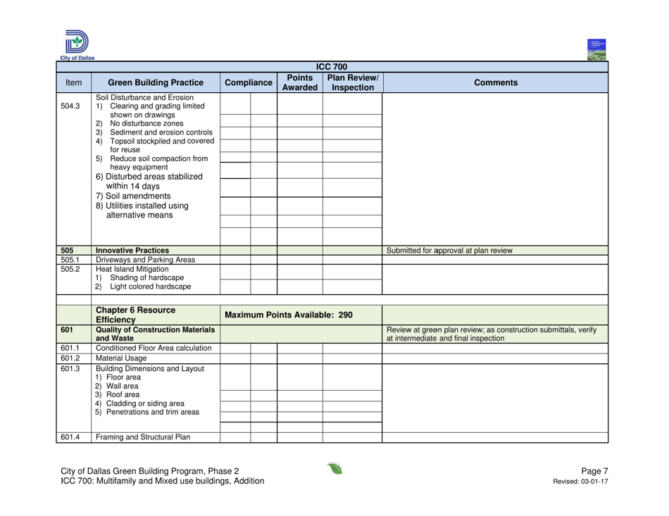 Icc 700 Project Summary and Checklist - Multifamily and Mixed Use Buildings - Addition - City of Dallas, Texas, Page 7