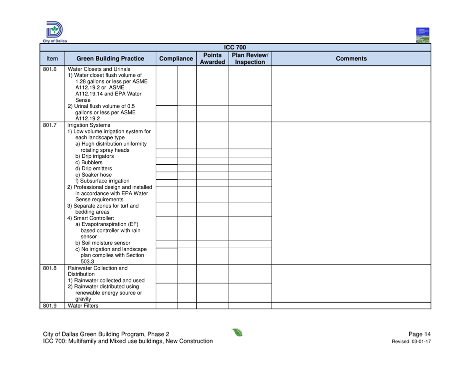 Icc 700 Project Summary and Checklist - Multifamily and Mixed Use Buildings - New Construction - City of Dallas, Texas, Page 14
