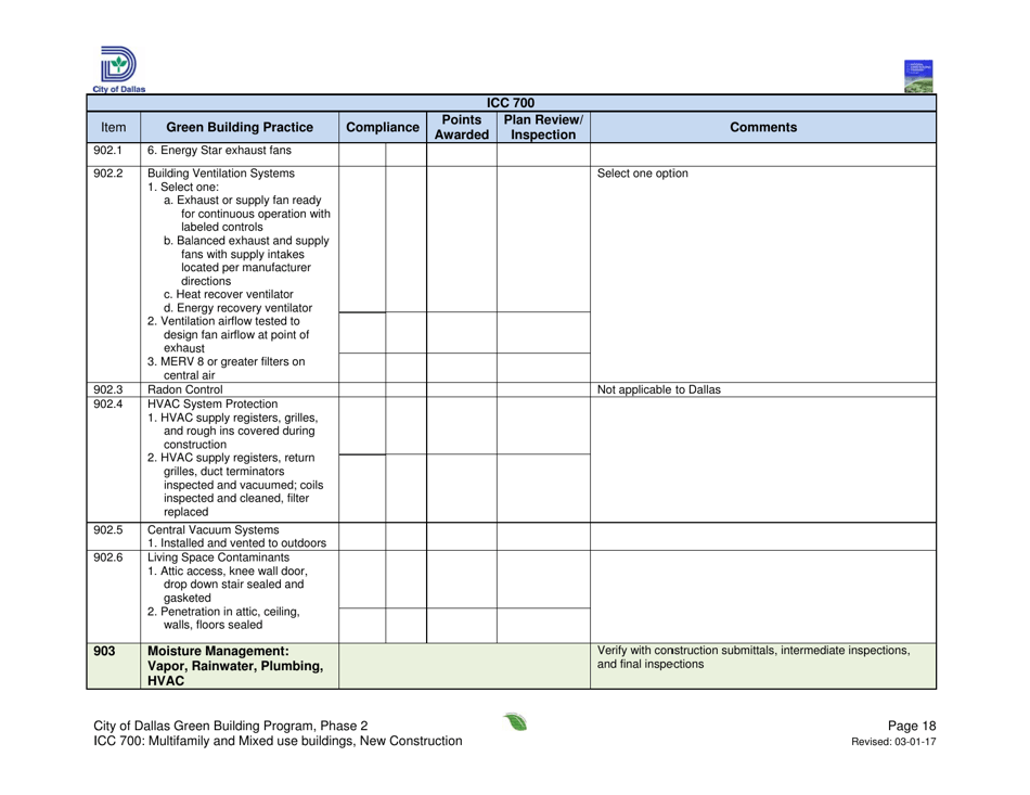 Icc 700 Project Summary and Checklist - Multifamily and Mixed Use Buildings - New Construction - City of Dallas, Texas, Page 18