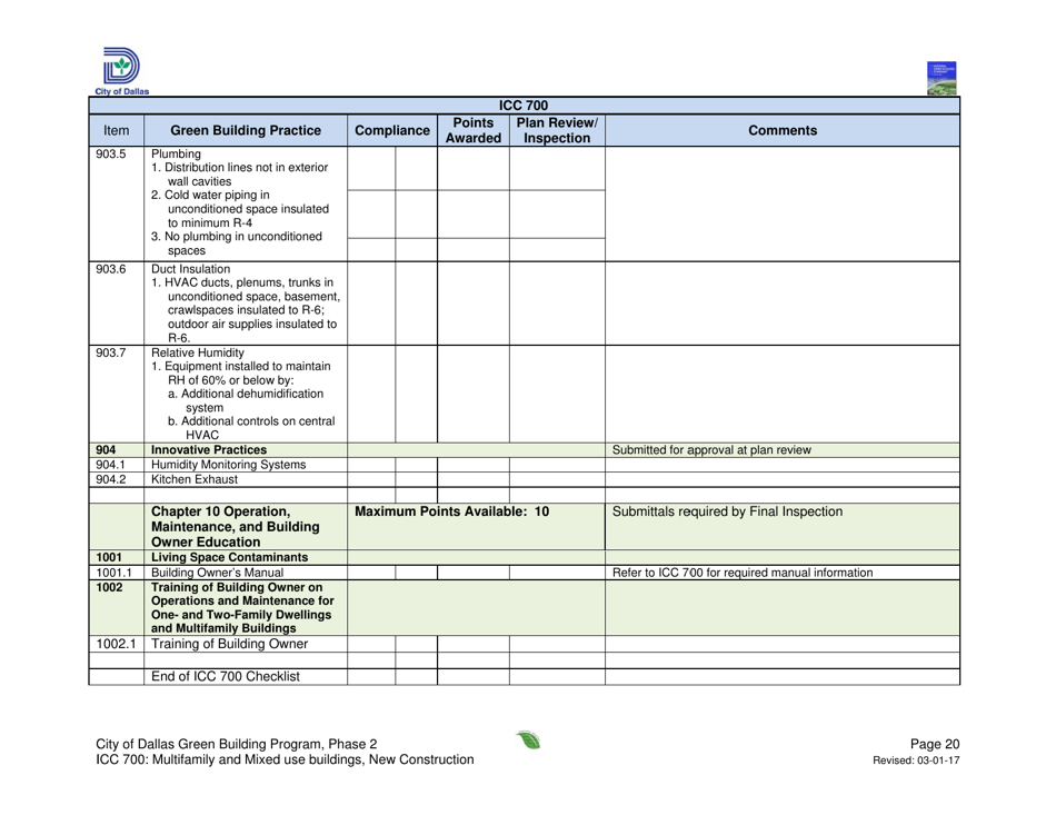 Icc 700 Project Summary and Checklist - Multifamily and Mixed Use Buildings - New Construction - City of Dallas, Texas, Page 20