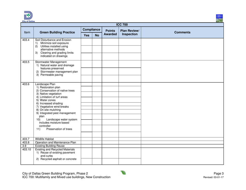 Icc 700 Project Summary and Checklist - Multifamily and Mixed Use Buildings - New Construction - City of Dallas, Texas, Page 3