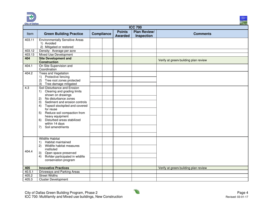 Icc 700 Project Summary and Checklist - Multifamily and Mixed Use Buildings - New Construction - City of Dallas, Texas, Page 4