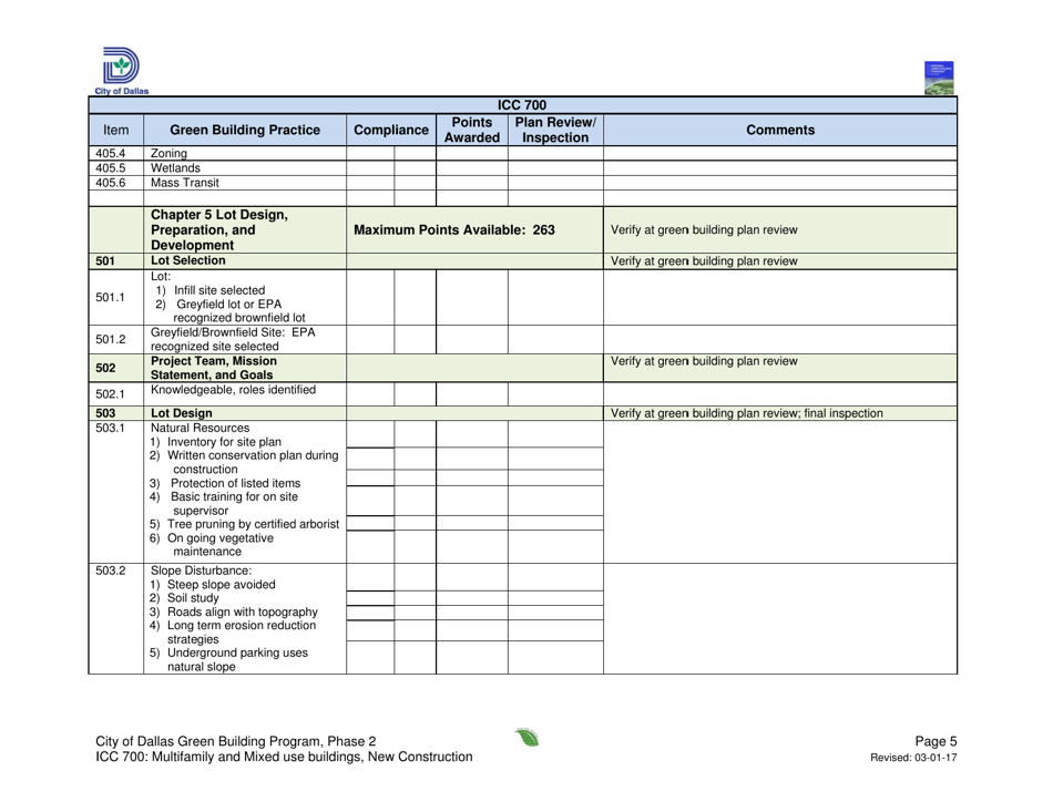 Icc 700 Project Summary and Checklist - Multifamily and Mixed Use Buildings - New Construction - City of Dallas, Texas, Page 5