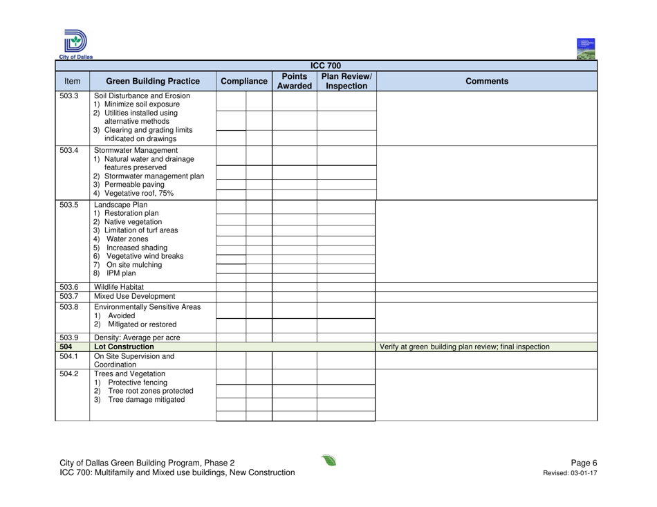 Icc 700 Project Summary and Checklist - Multifamily and Mixed Use Buildings - New Construction - City of Dallas, Texas, Page 6
