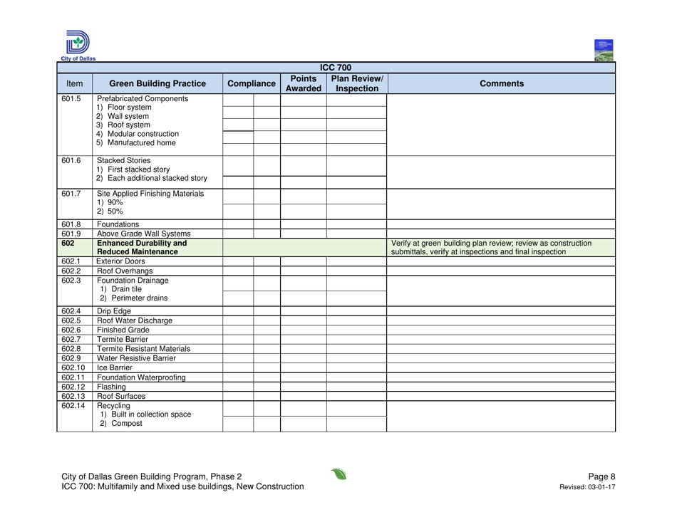 Icc 700 Project Summary and Checklist - Multifamily and Mixed Use Buildings - New Construction - City of Dallas, Texas, Page 8