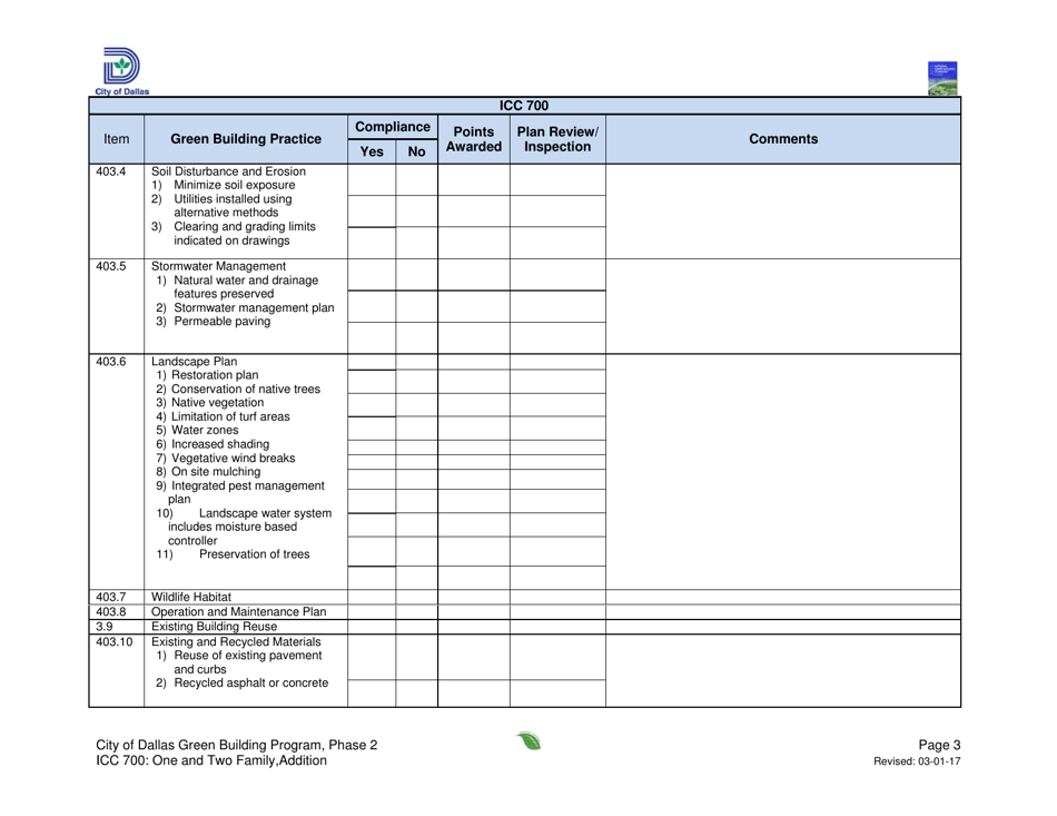 Icc 700 Project Summary and Checklist - One and Two Family - Addition - City of Dallas, Texas, Page 3