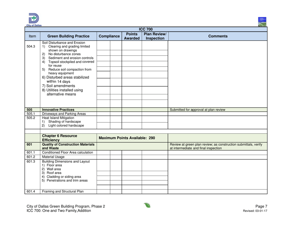Icc 700 Project Summary and Checklist - One and Two Family - Addition - City of Dallas, Texas, Page 7