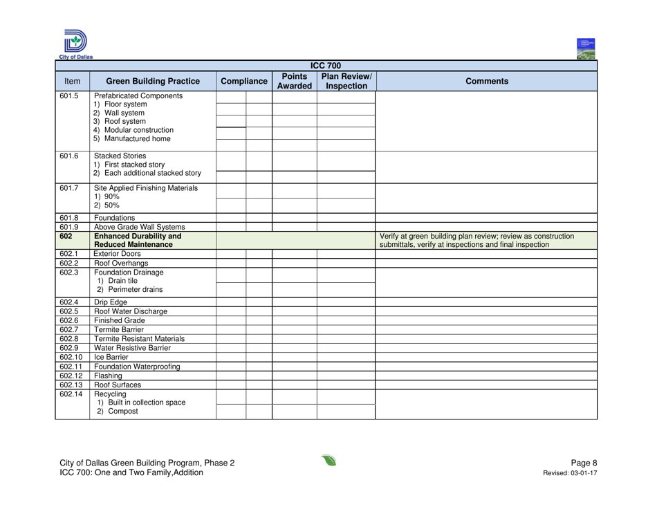 Icc 700 Project Summary and Checklist - One and Two Family - Addition - City of Dallas, Texas, Page 8