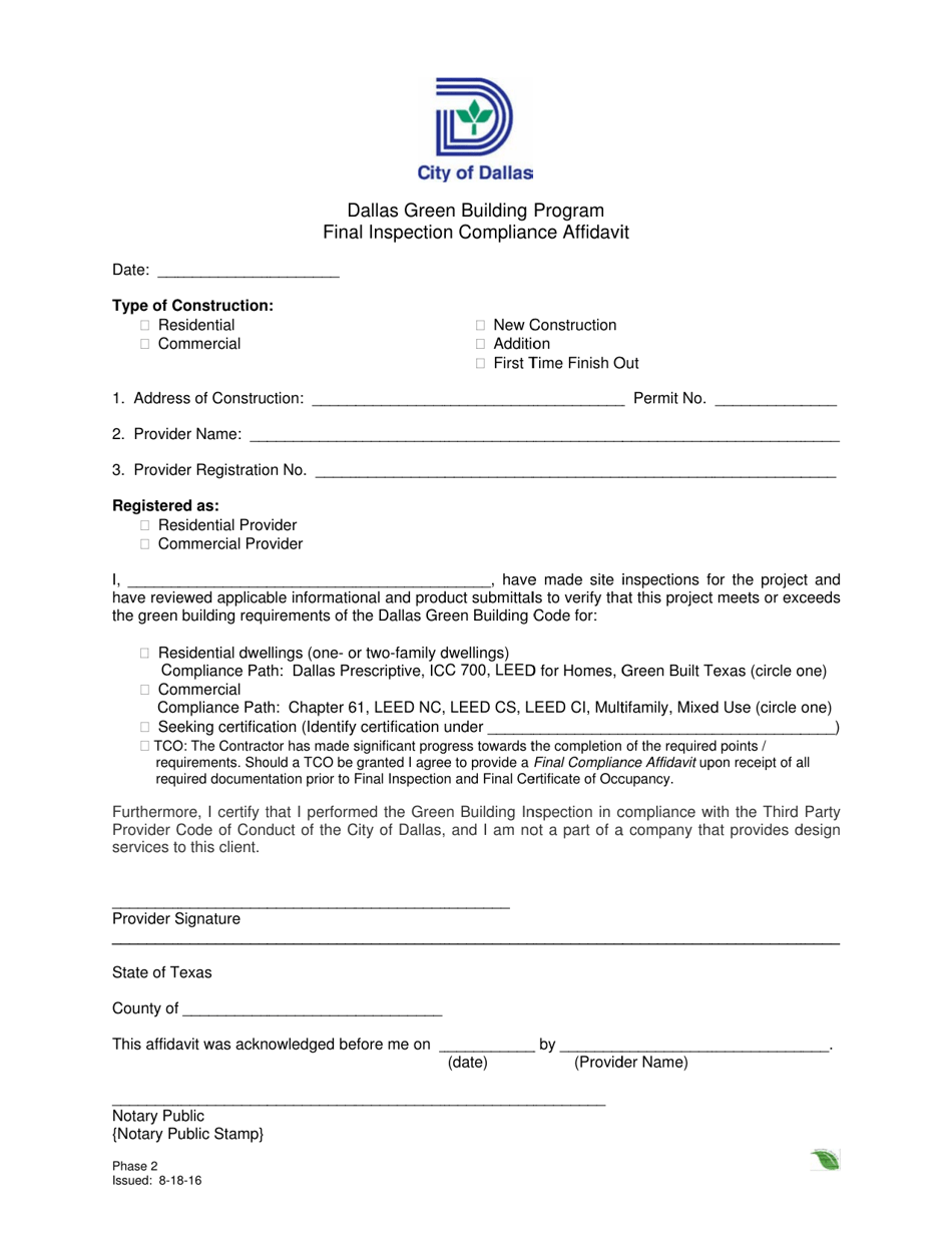 City of Dallas, Texas Final Inspection Compliance Affidavit Dallas