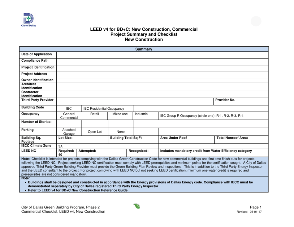 Leed V4 for BD+c: Commercial Checklist - New Construction - City of Dallas, Texas, Page 1