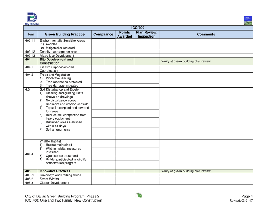 Icc 700 Project Summary and Checklist - One and Two Family - New Construction - City of Dallas, Texas, Page 4