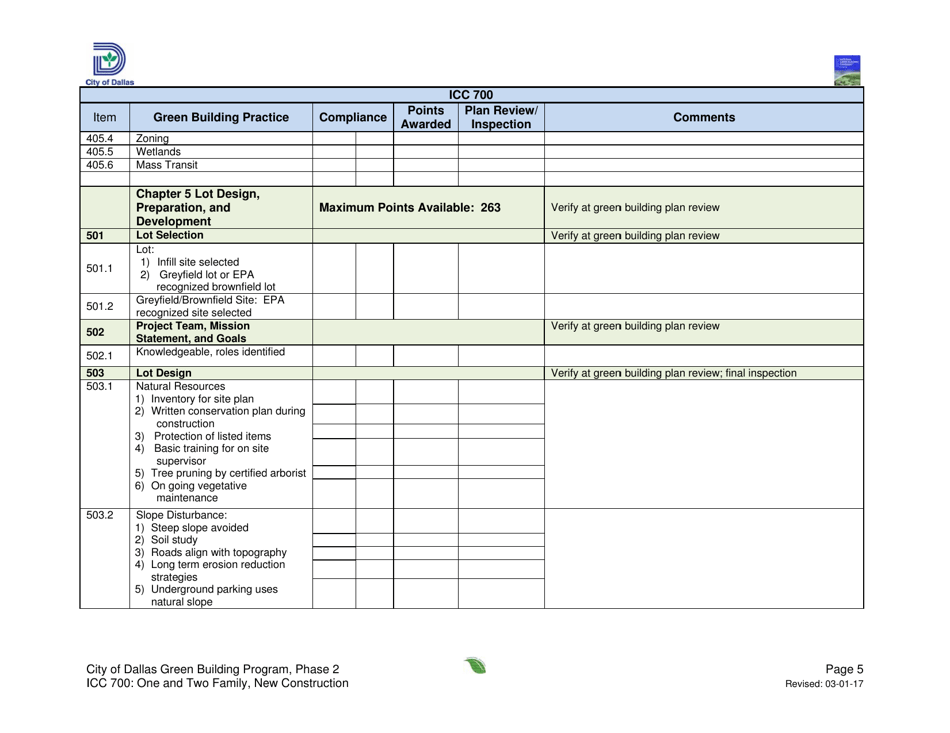 Icc 700 Project Summary and Checklist - One and Two Family - New Construction - City of Dallas, Texas, Page 5