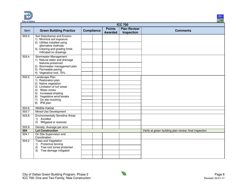 Icc 700 Project Summary and Checklist - One and Two Family - New Construction - City of Dallas, Texas, Page 6