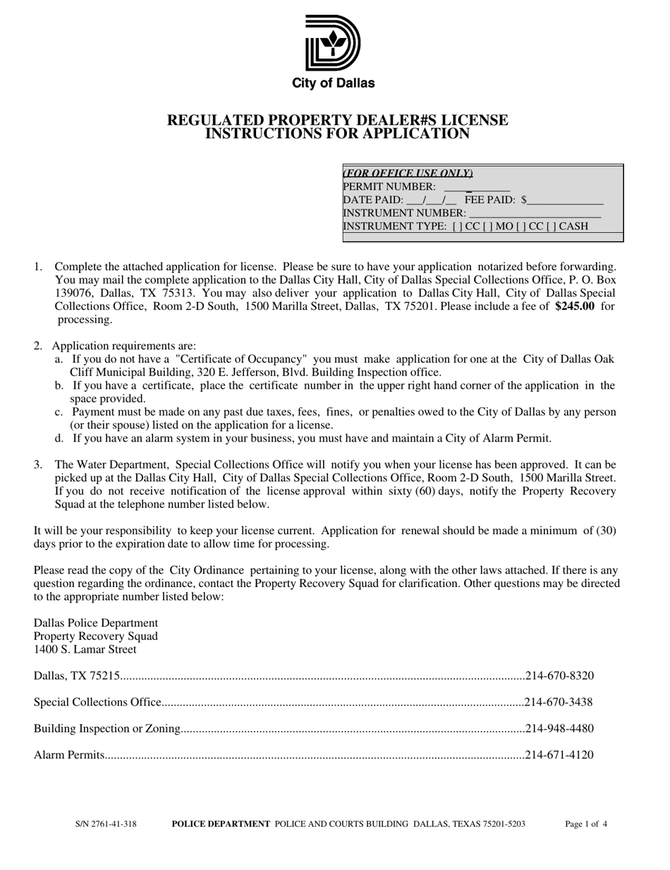 Application for a City of Dallas Regulated Property Dealers License - City of Dallas, Texas, Page 1