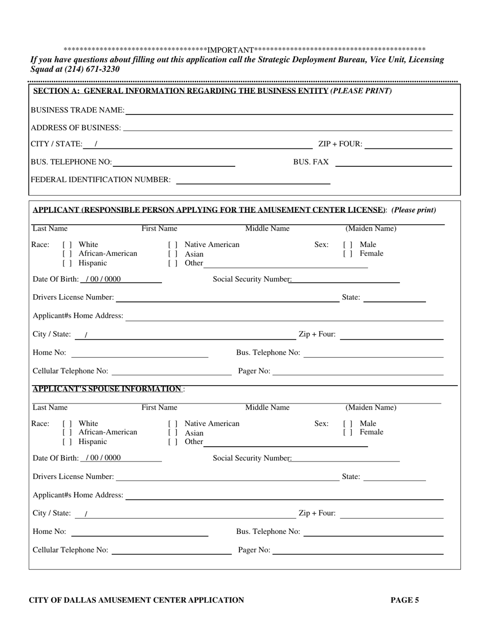 Application for a City of Dallas Amusement Center Business License - City of Dallas, Texas, Page 5