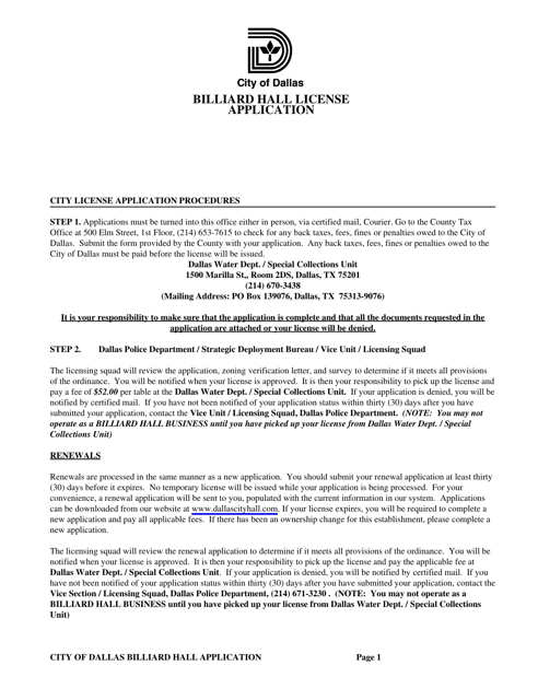 Billiard Hall License Application - City of Dallas, Texas Download Pdf