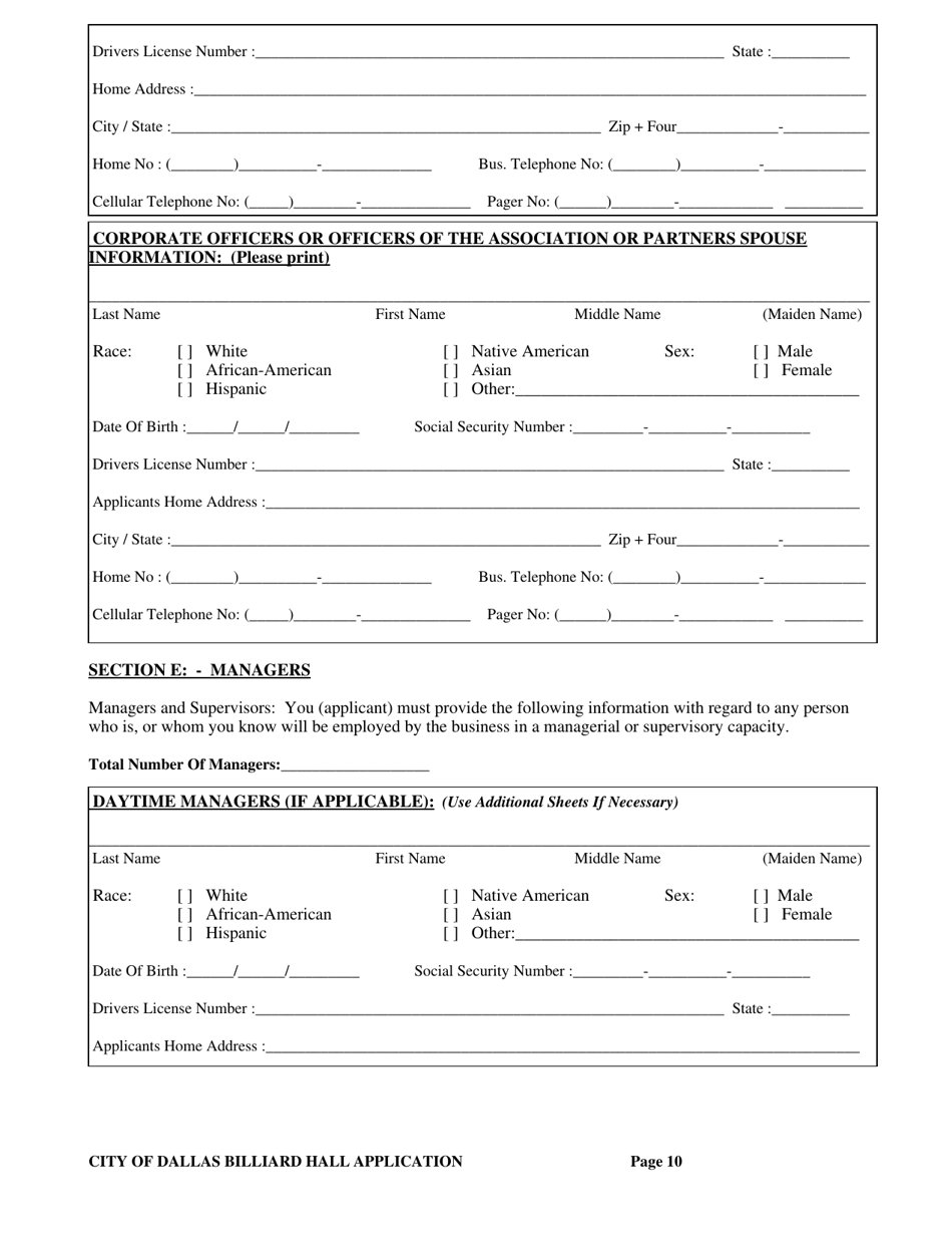 Billiard Hall License Application - City of Dallas, Texas, Page 10