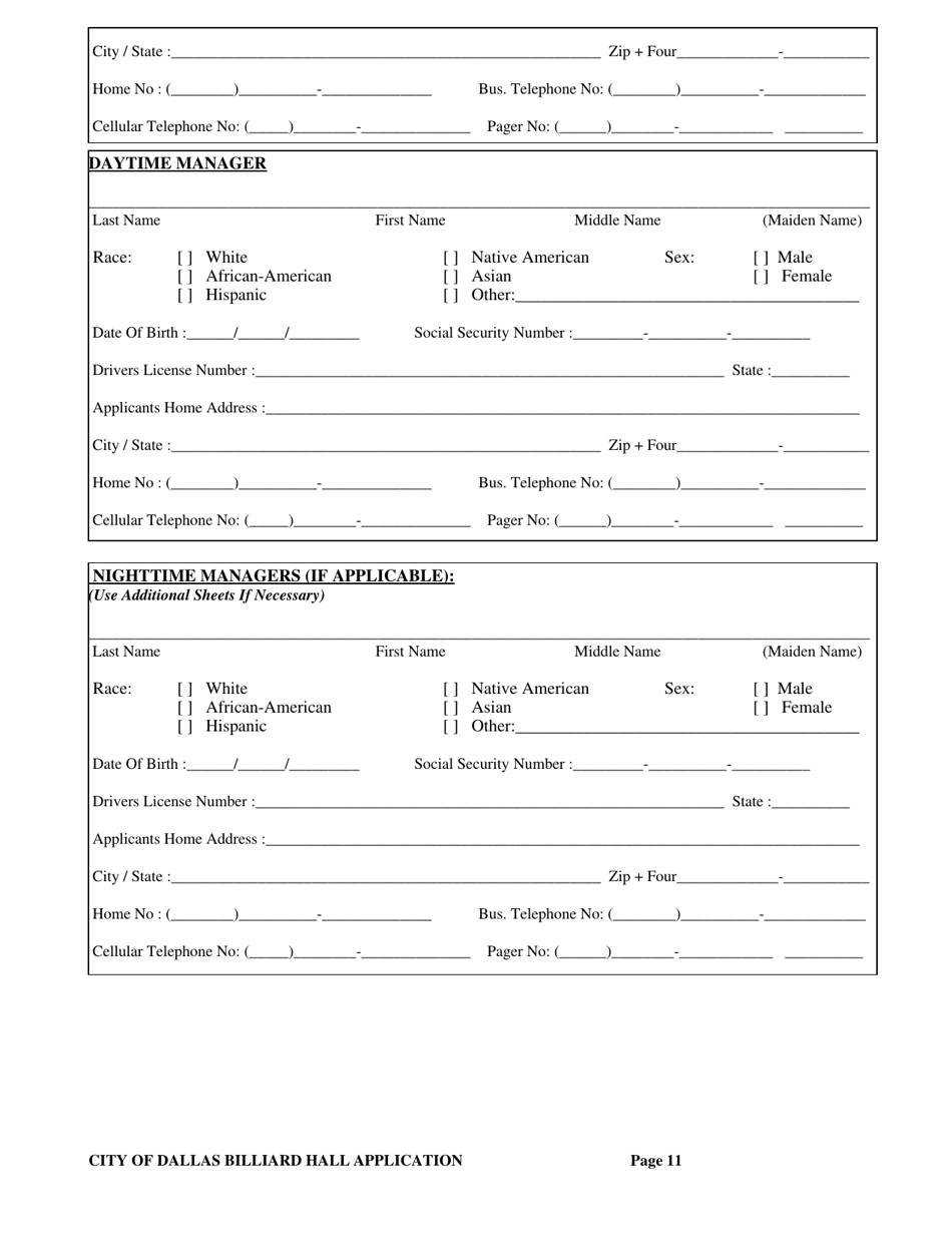 Billiard Hall License Application - City of Dallas, Texas, Page 11
