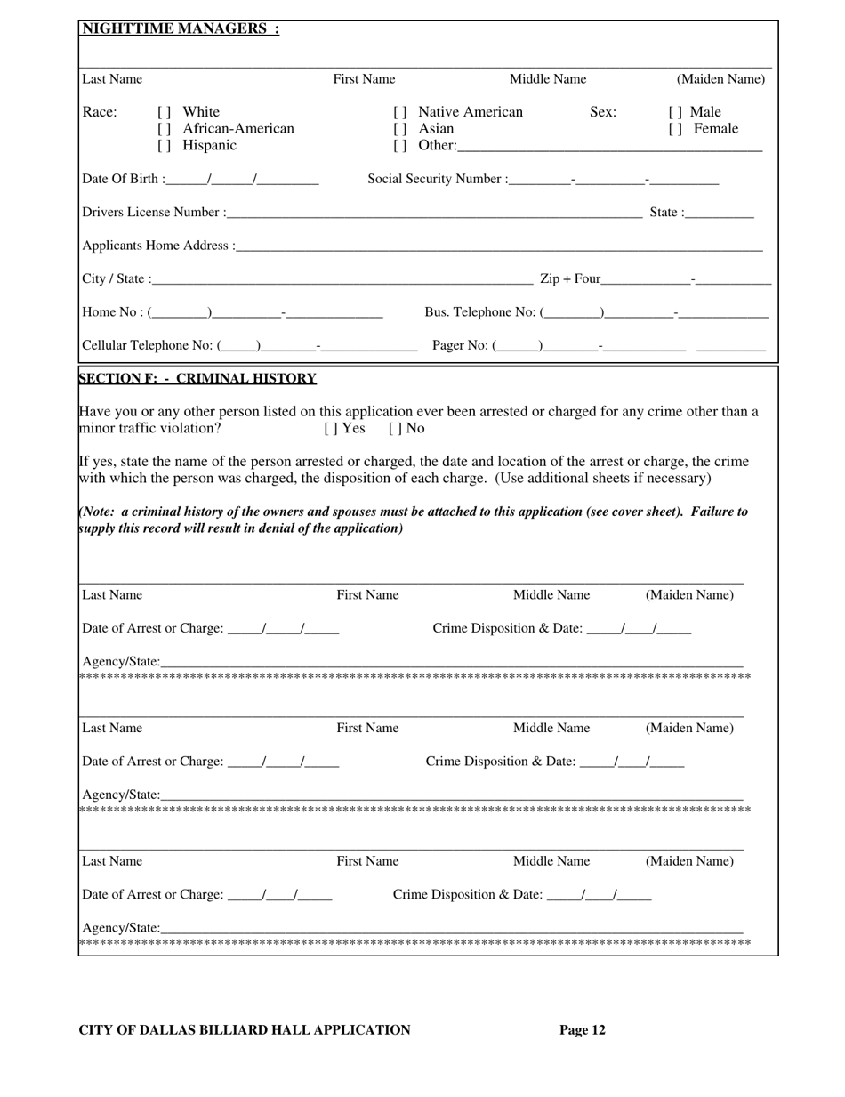 Billiard Hall License Application - City of Dallas, Texas, Page 12