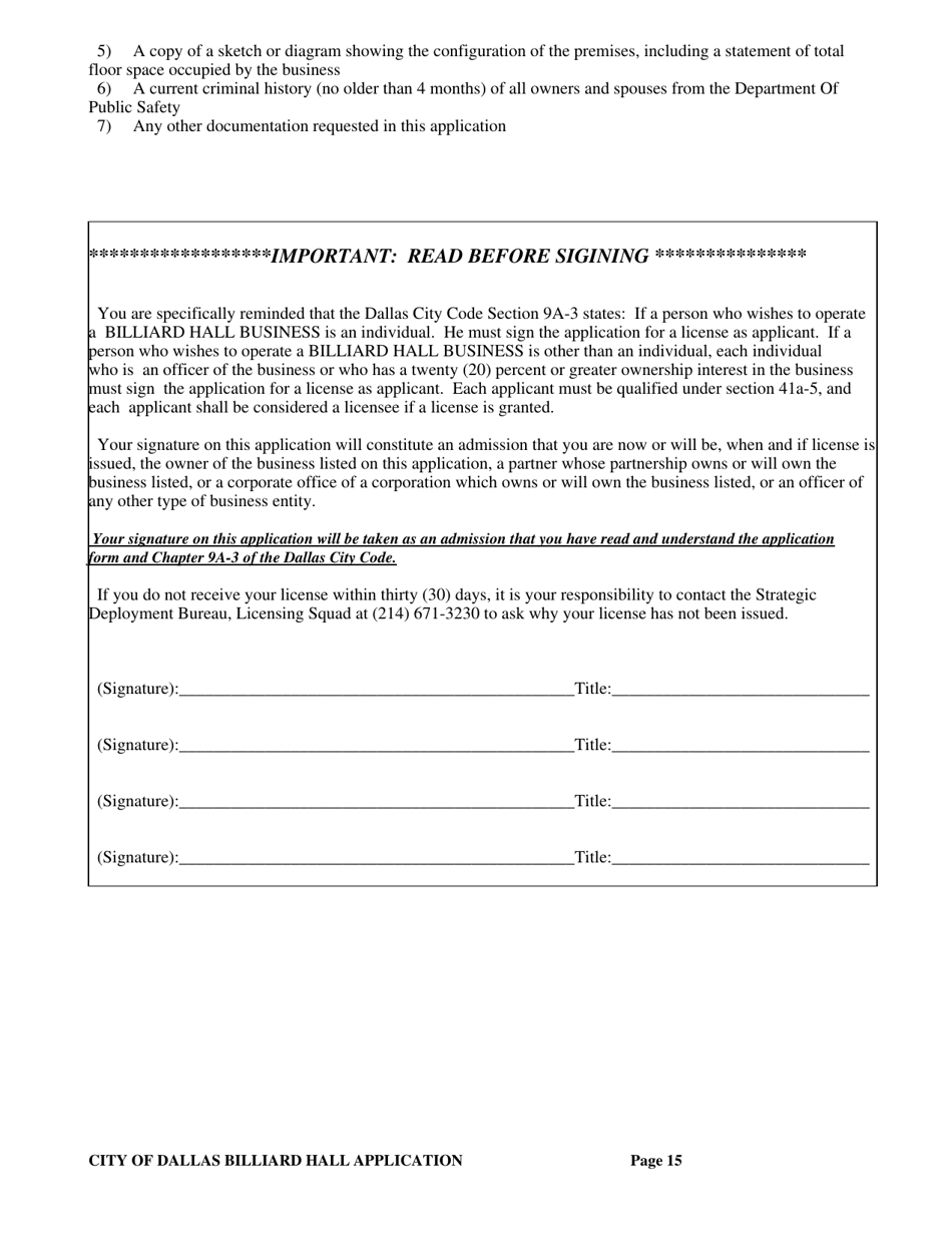 Billiard Hall License Application - City of Dallas, Texas, Page 15