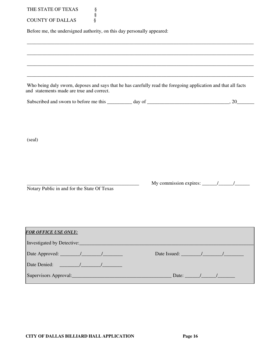 Billiard Hall License Application - City of Dallas, Texas, Page 16