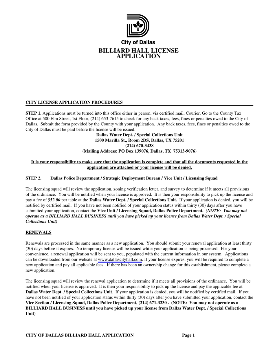Billiard Hall License Application - City of Dallas, Texas, Page 1