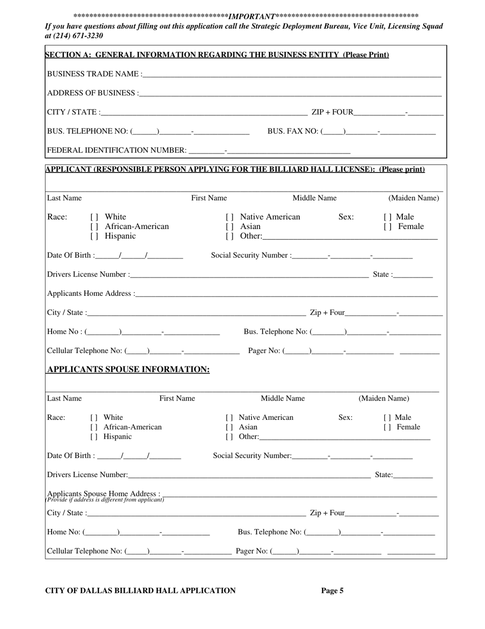 Billiard Hall License Application - City of Dallas, Texas, Page 5