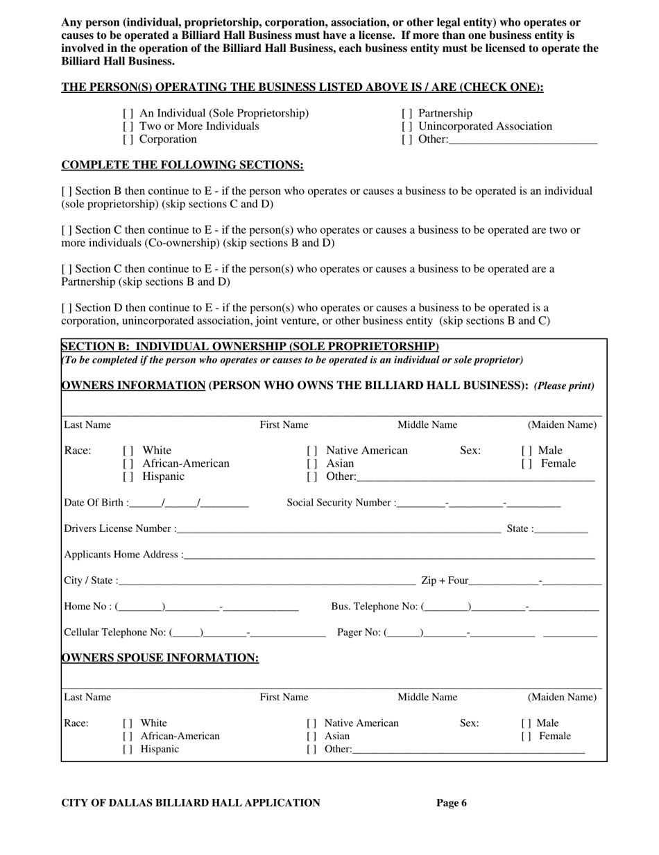 Billiard Hall License Application - City of Dallas, Texas, Page 6