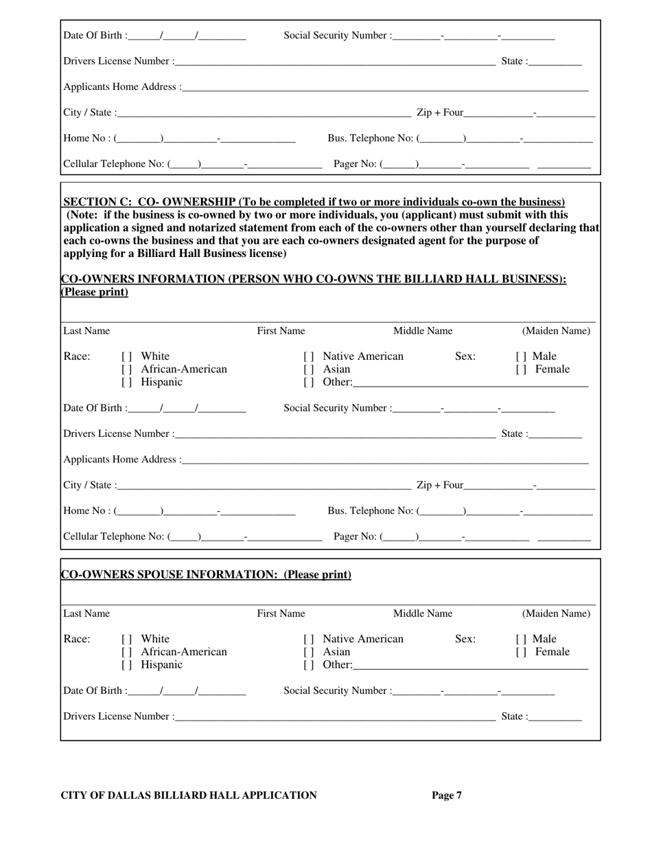 Billiard Hall License Application - City of Dallas, Texas, Page 7