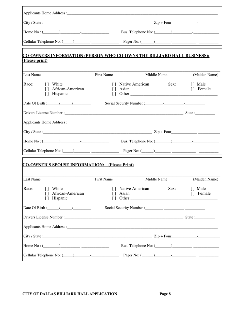 Billiard Hall License Application - City of Dallas, Texas, Page 8