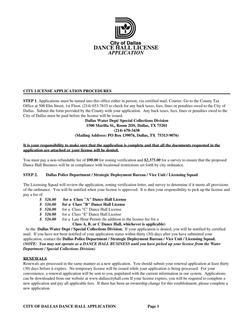 Application for a City of Dallas Dance Hall Business License - City of Dallas, Texas Download Pdf