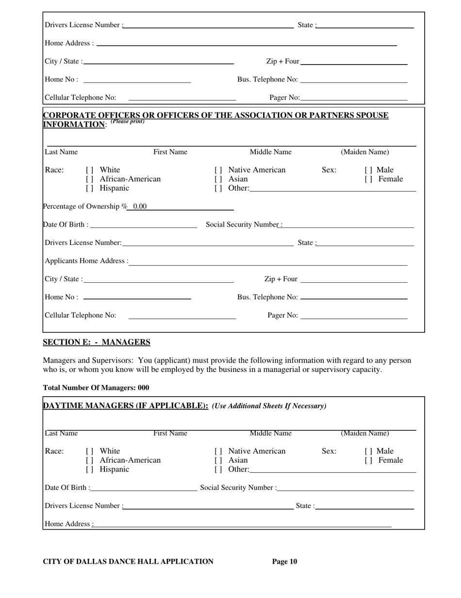 Application for a City of Dallas Dance Hall Business License - City of Dallas, Texas, Page 10