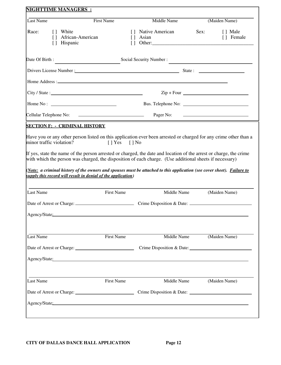 Application for a City of Dallas Dance Hall Business License - City of Dallas, Texas, Page 12