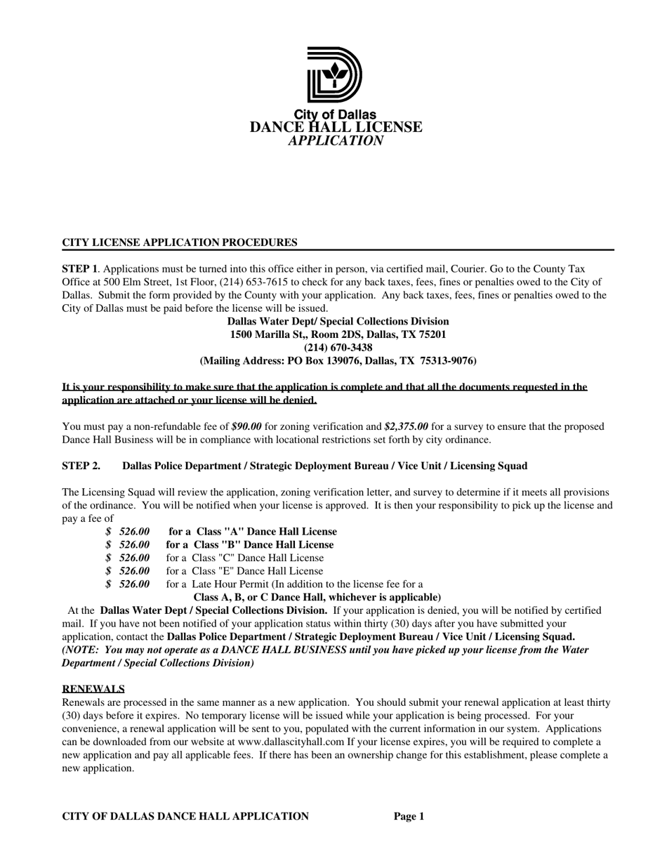 Application for a City of Dallas Dance Hall Business License - City of Dallas, Texas, Page 1