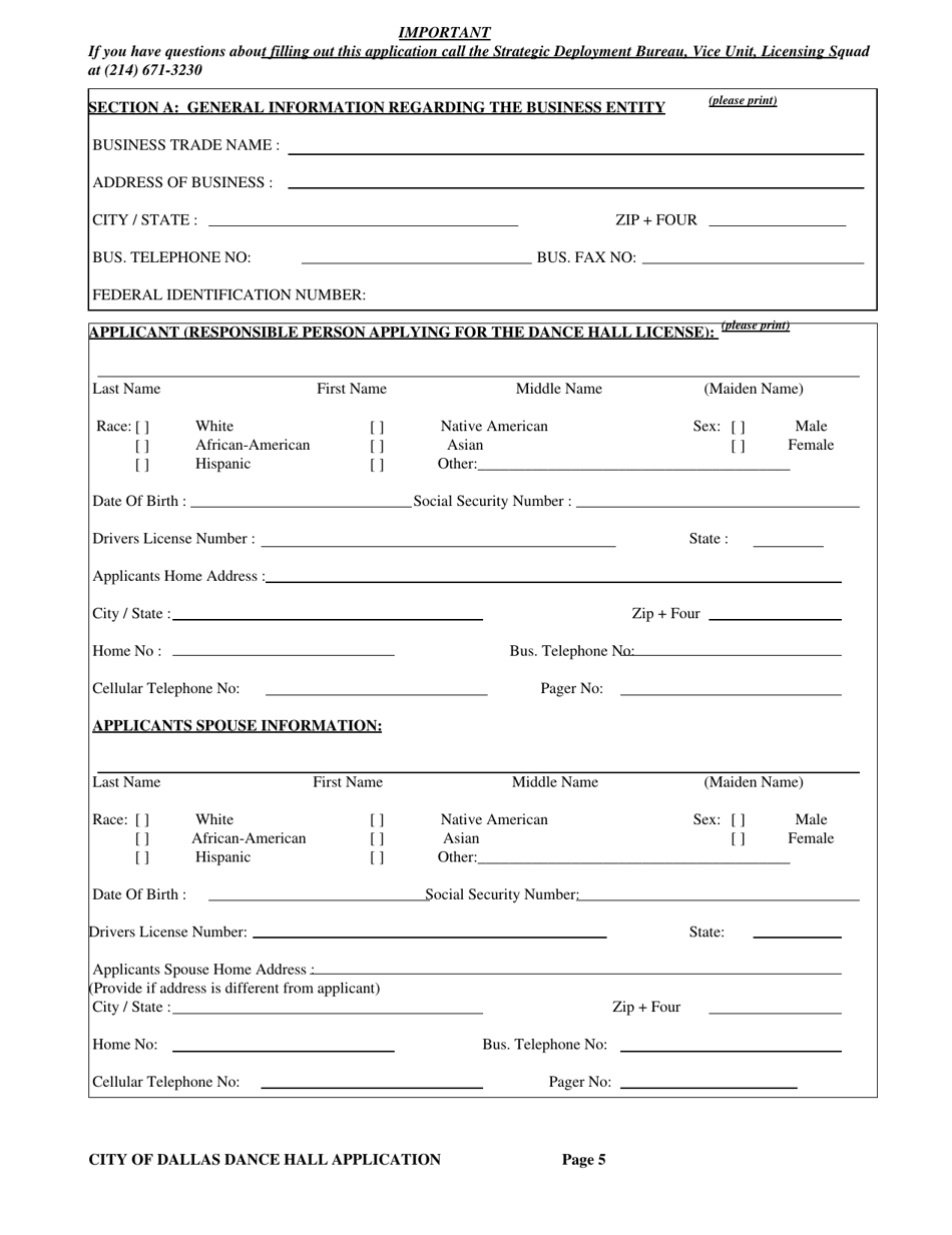 Application for a City of Dallas Dance Hall Business License - City of Dallas, Texas, Page 5