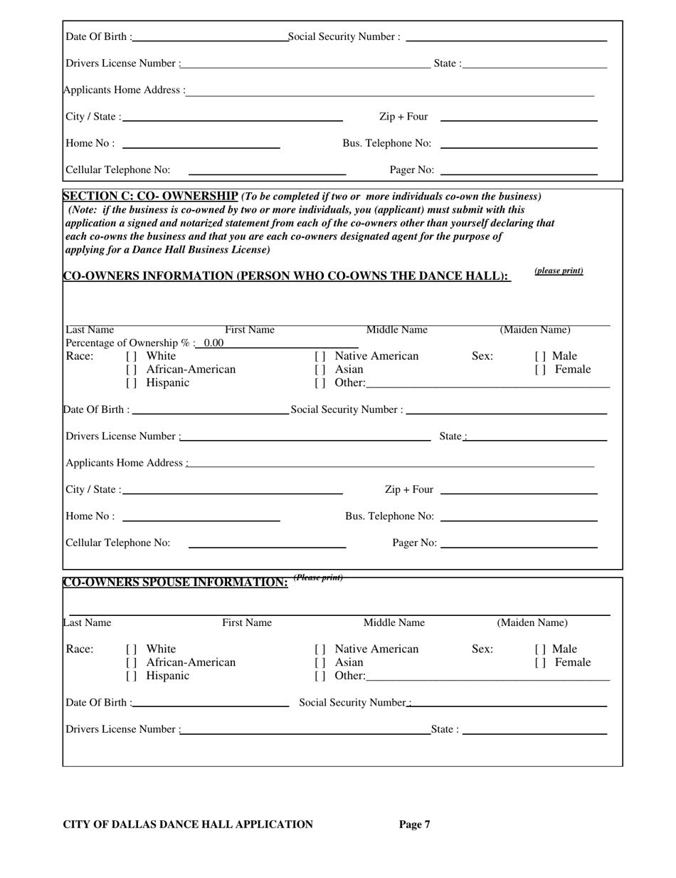 City of Dallas, Texas Application for a City of Dallas Dance Hall ...