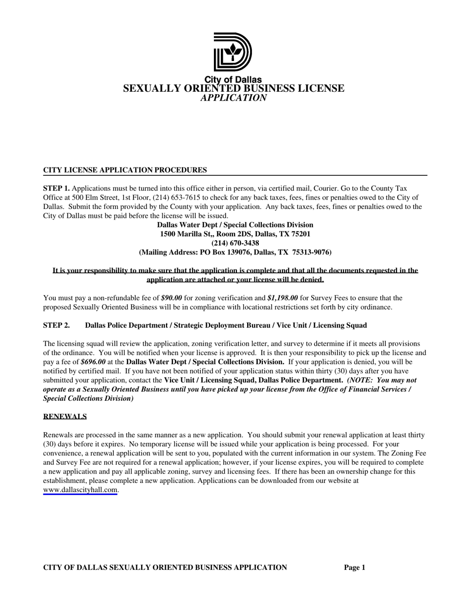Application for a City of Dallas Sexually Oriented Business License - City of Dallas, Texas, Page 1