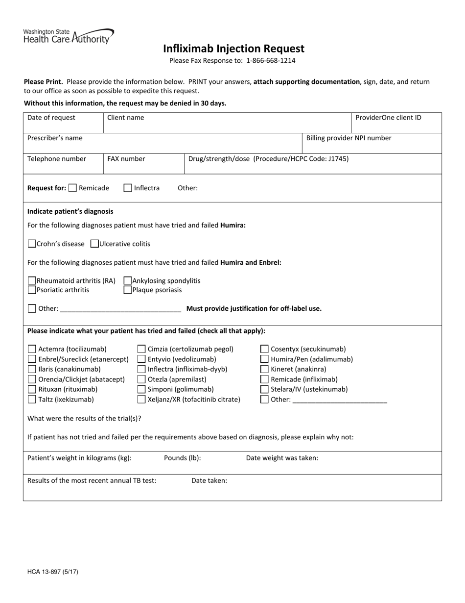 Form HCA13-897 Infliximab Injection Request - Washington, Page 1