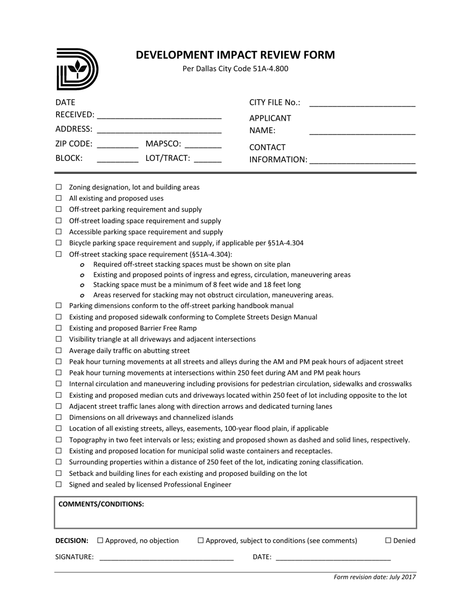 Development Impact Review Form - City of Dallas, Texas, Page 1