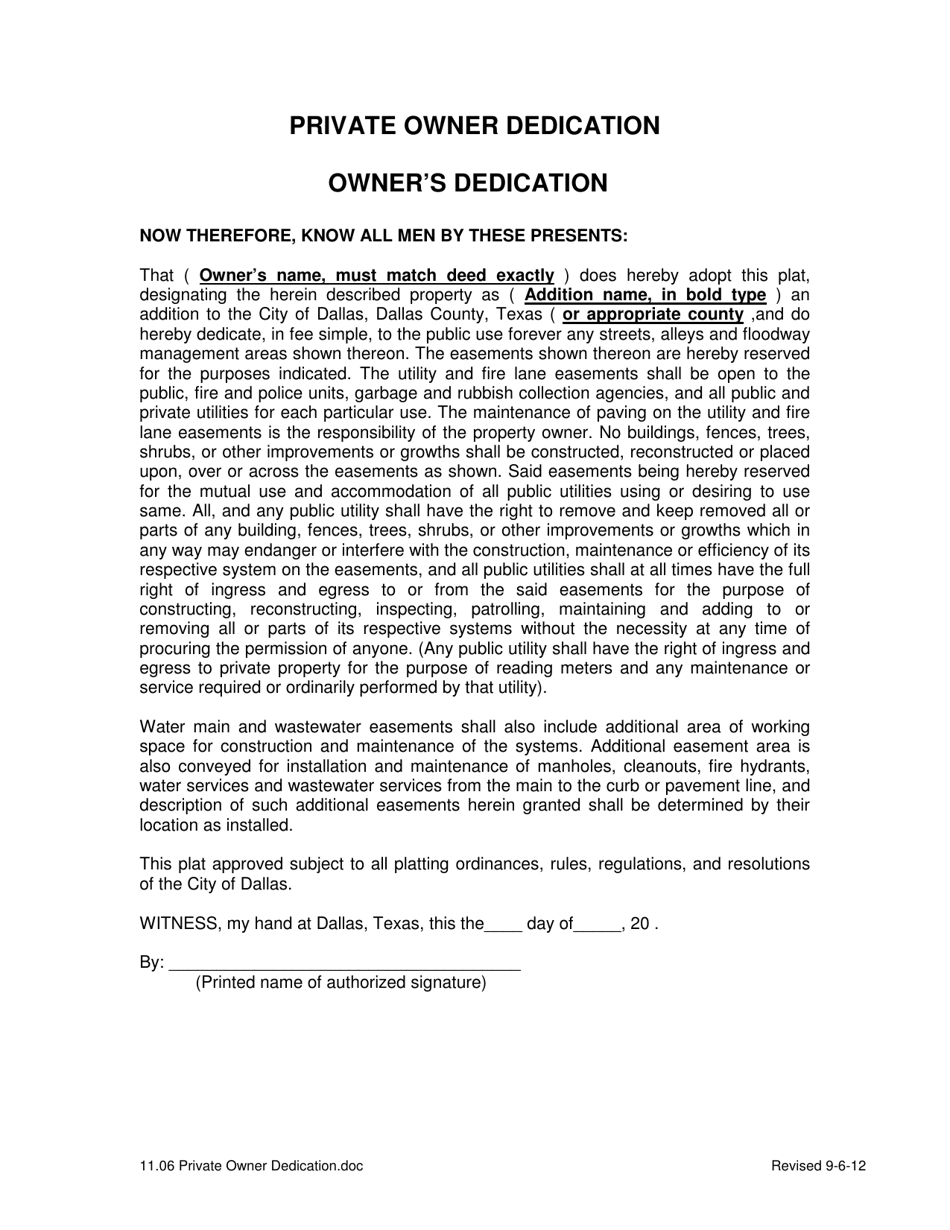 City of Dallas, Texas Private Owner Dedication Fill Out, Sign Online