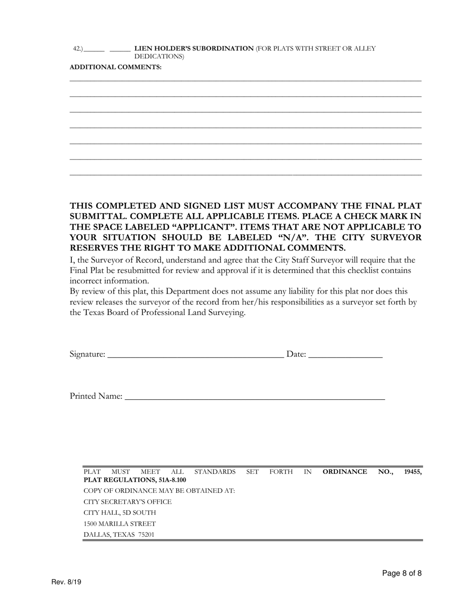 City of Dallas, Texas Final Plat Review Checklist - Fill Out, Sign ...