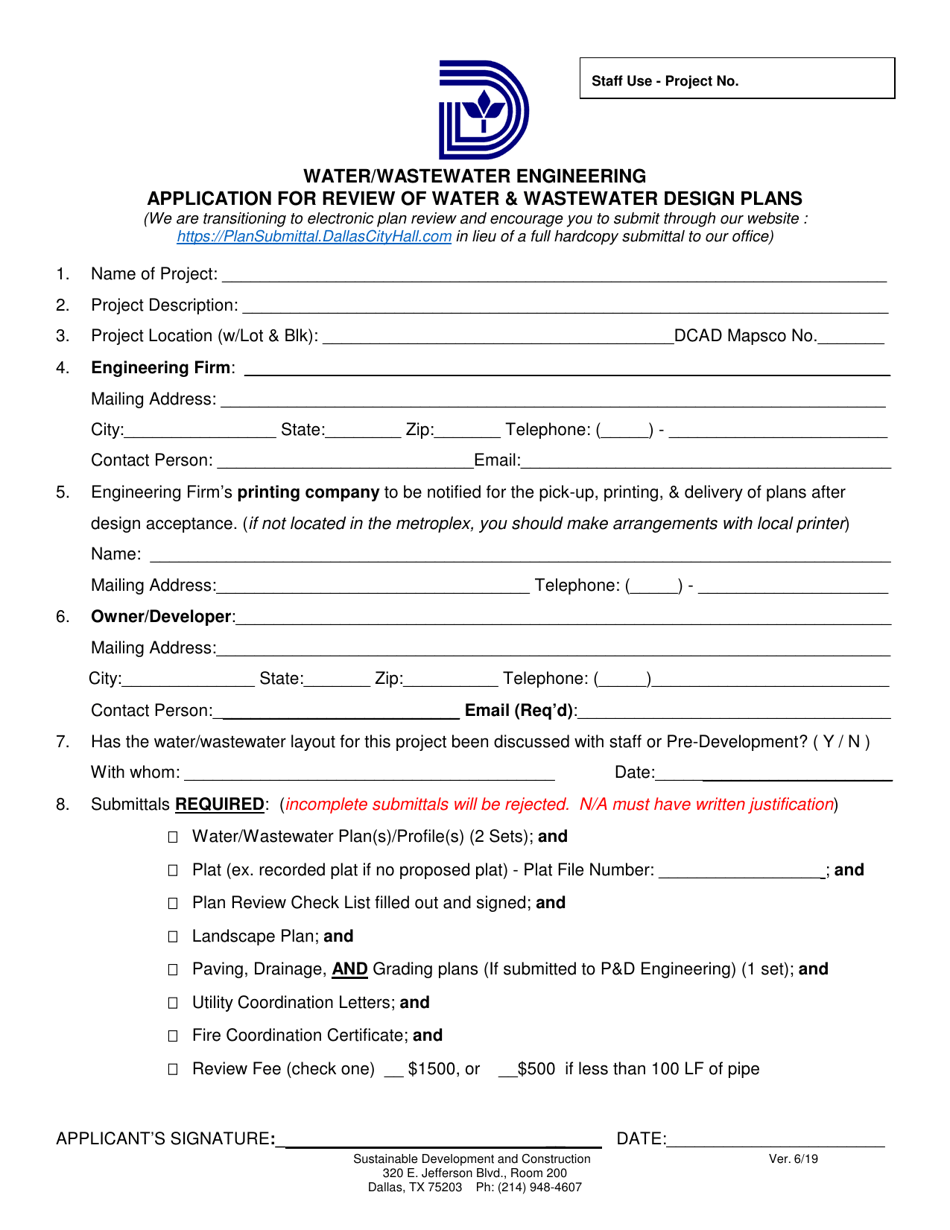 Application for Review of Water  Wastewater Design Plans - City of Dallas, Texas, Page 1