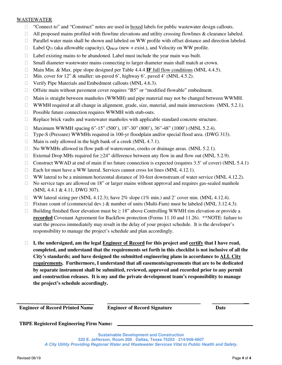 Water / Wastewater Engineering Design Checklist - City of Dallas, Texas, Page 4