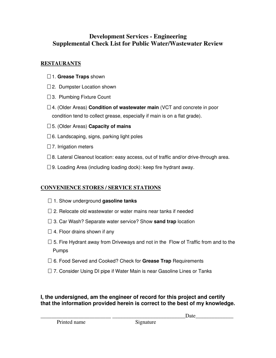 Supplemental Check List for Public Water / Wastewater Review - City of Dallas, Texas, Page 1