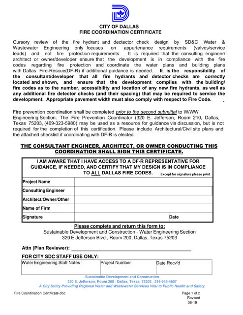 Fire Coordination Certificate - City of Dallas, Texas Download Pdf