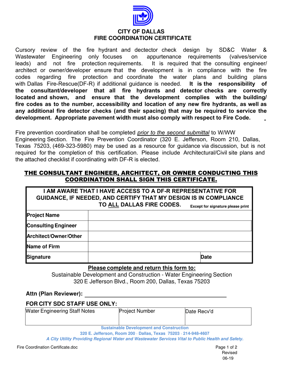 Fire Coordination Certificate - City of Dallas, Texas, Page 1